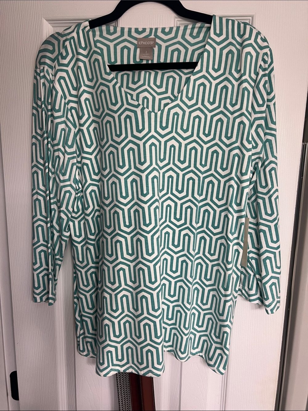 Chico's Teal and White Geometric top